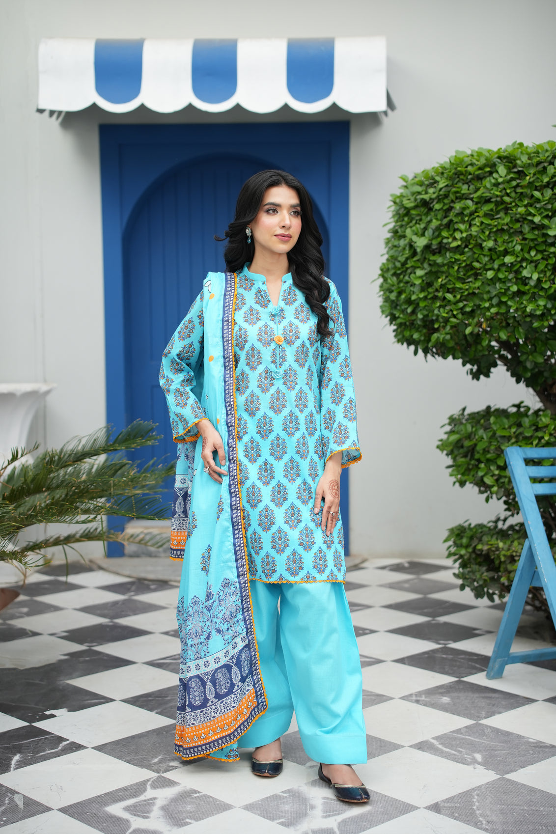 Azure Bloom Printed 3-Piece Suit (Premium Lawn)