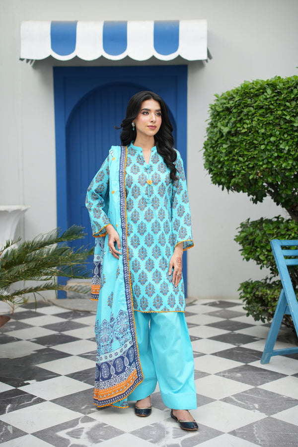 Azure Bloom Printed 3-Piece Suit (Premium Lawn)