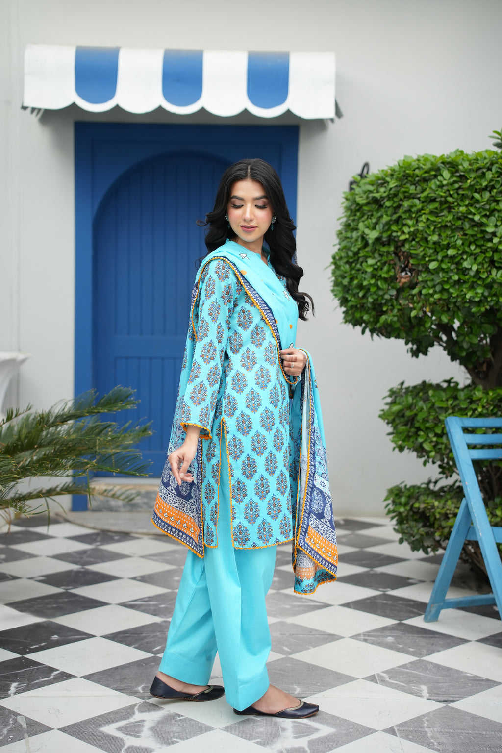 Azure Bloom Printed 3-Piece Suit (Premium Lawn)