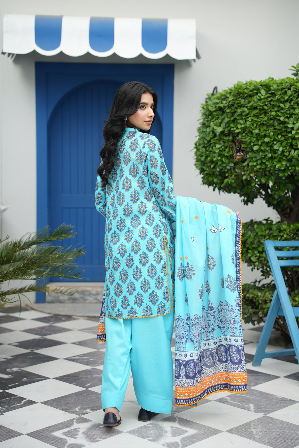 Azure Bloom Printed 3-Piece Suit (Premium Lawn)