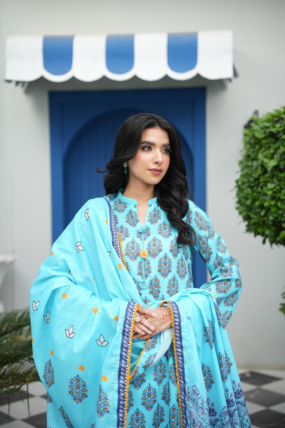 Azure Bloom Printed 3-Piece Suit (Premium Lawn)