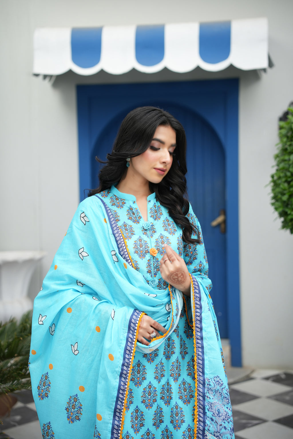 Azure Bloom Printed 3-Piece Suit (Premium Lawn)