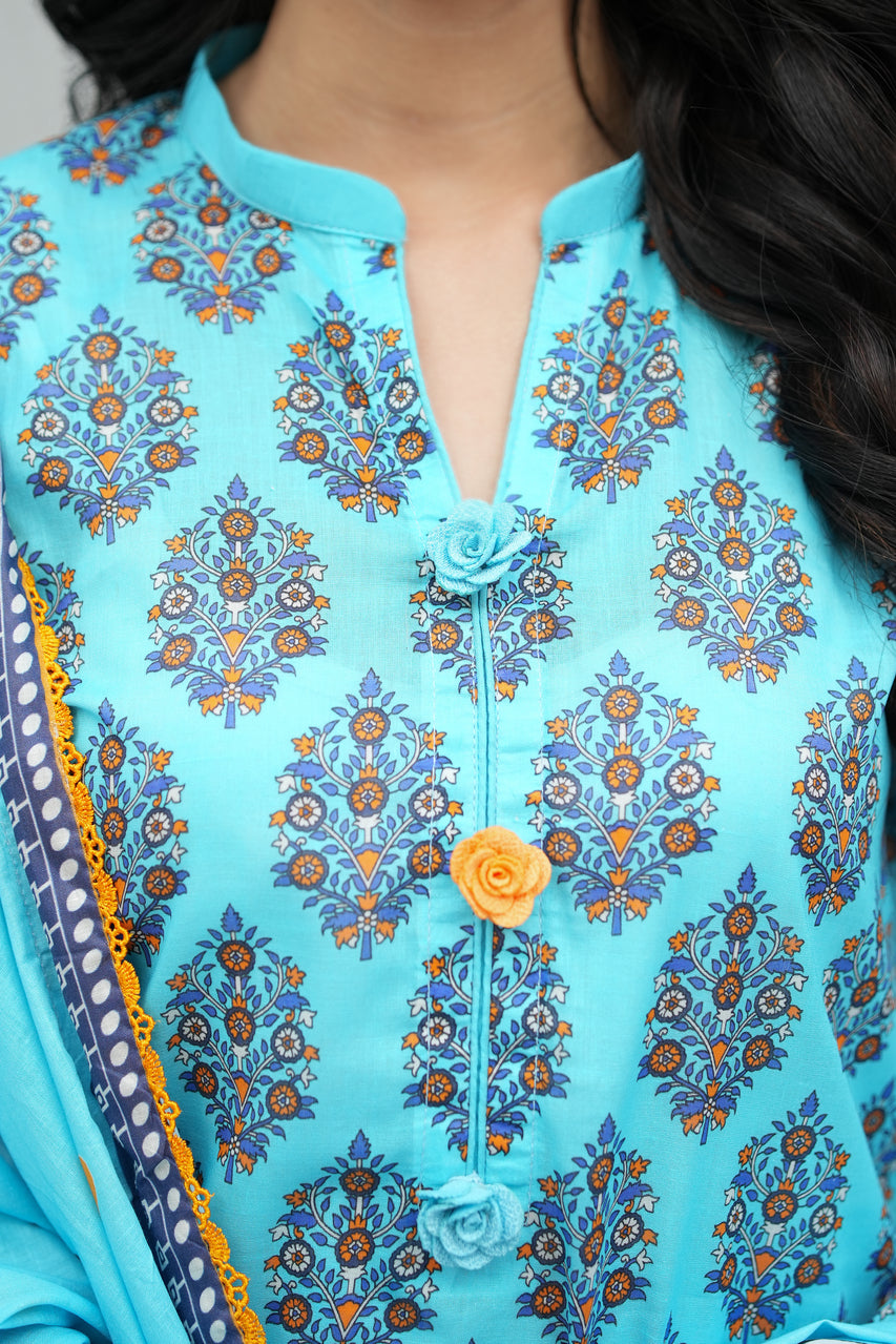 Azure Bloom Printed 3-Piece Suit (Premium Lawn)