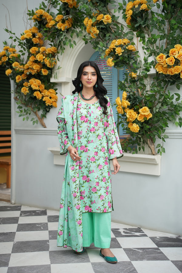 Mint Rose Printed 3-Piece Suit (Premium Lawn)