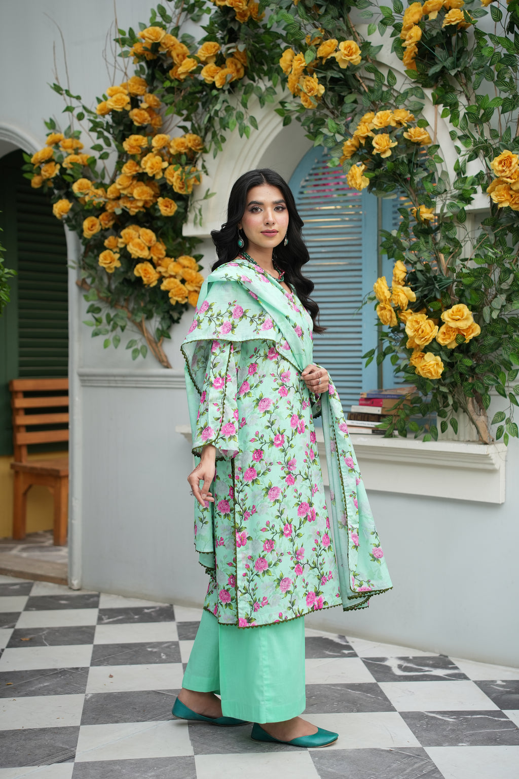 Mint Rose Printed 3-Piece Suit (Premium Lawn)