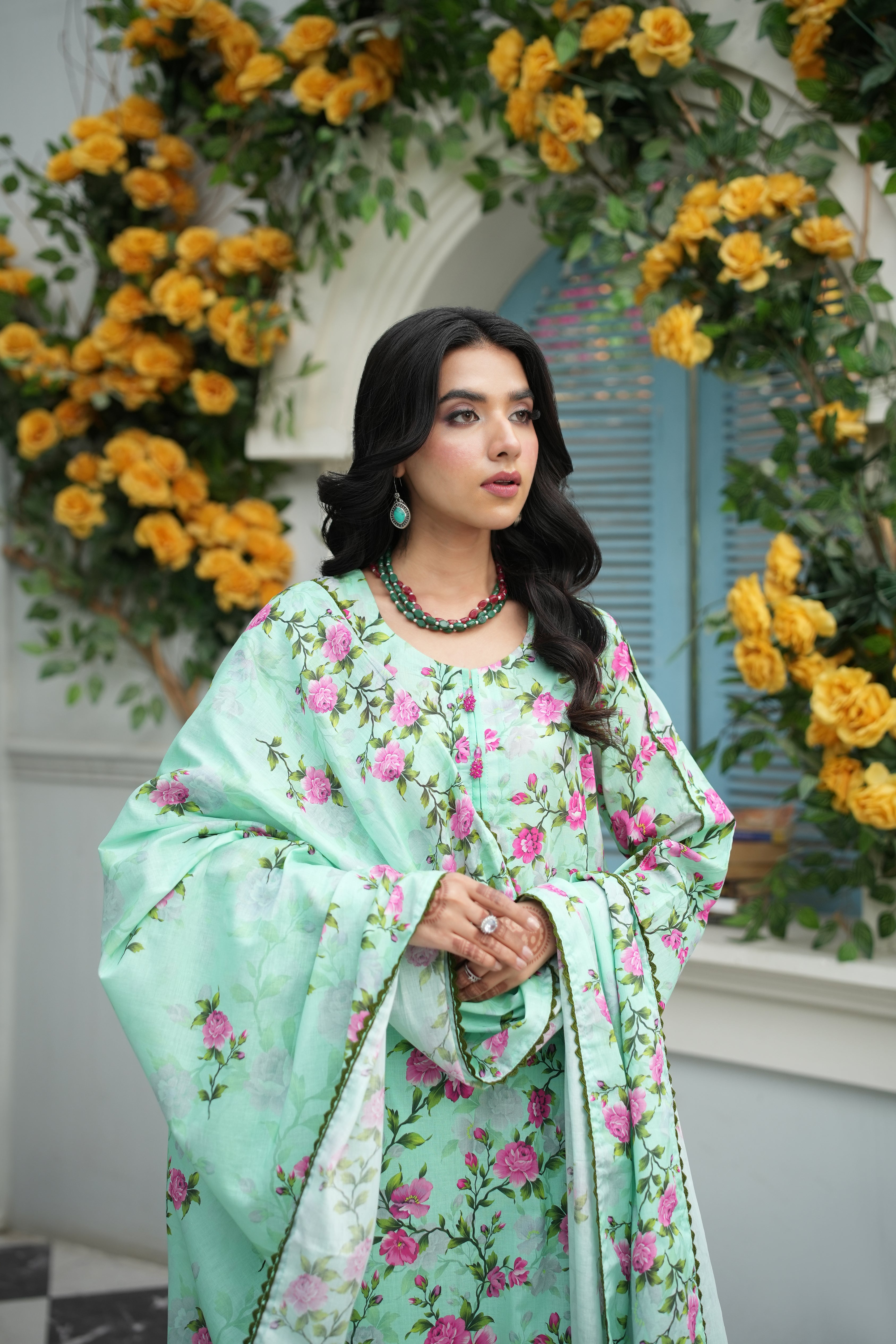 Mint Rose Printed 3-Piece Suit (Premium Lawn)