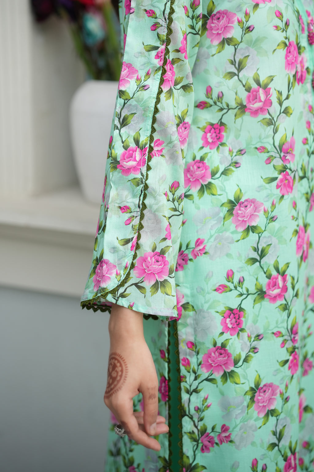 Mint Rose Printed 3-Piece Suit (Premium Lawn)