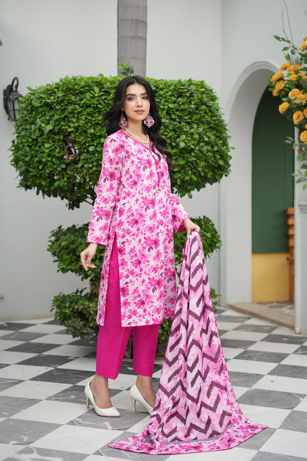 Pink Rose Printed 3-Piece Suit (Premium Lawn)