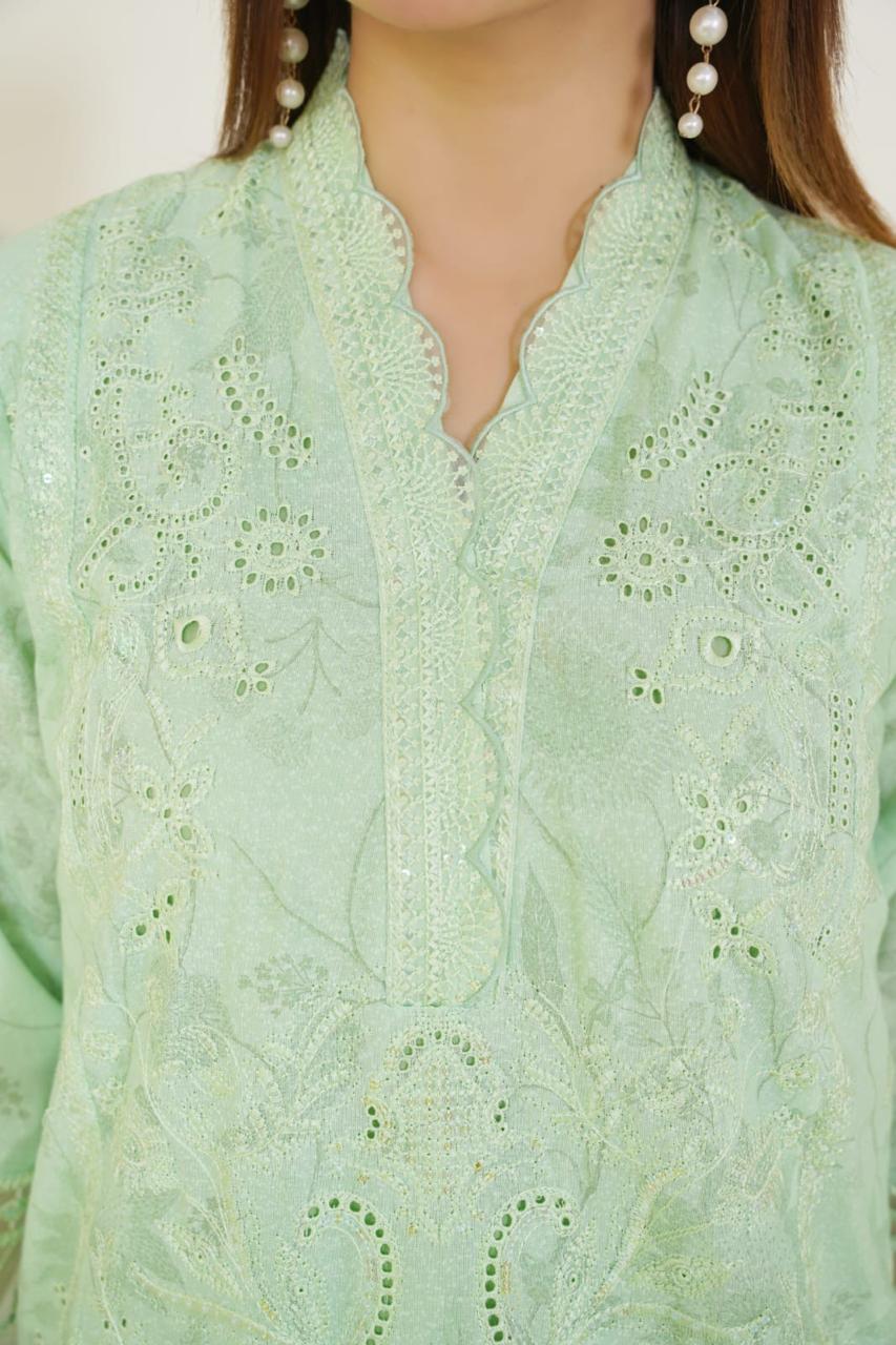 Light green embroidered garment with a close-up view